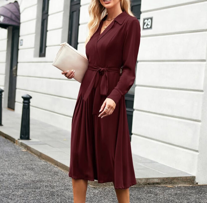 Elegant Pleated V-Neck High Waisted Flare Dress