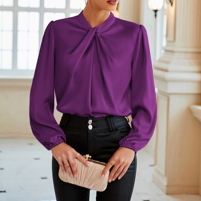 Women's Satin Twisted Mock Neck Office Blouse