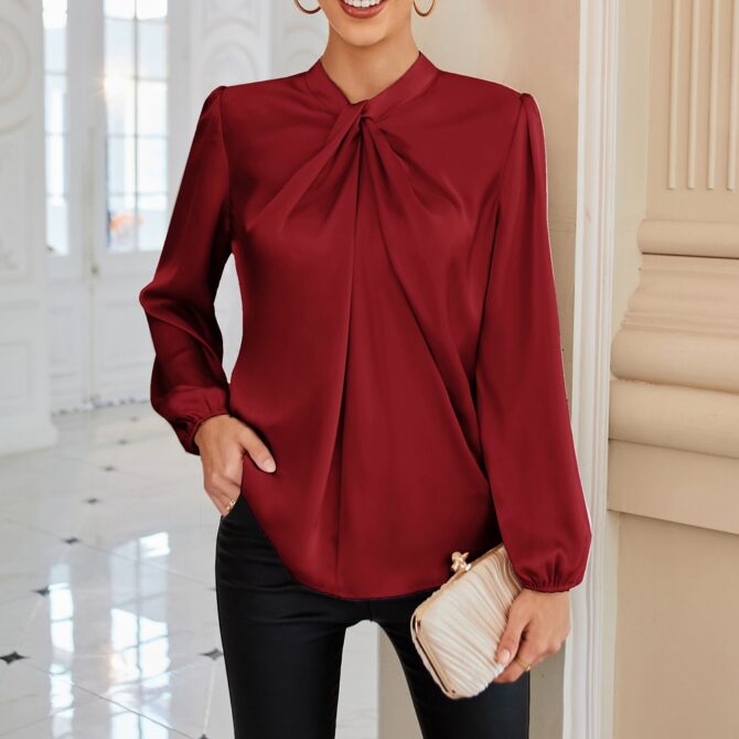 Women's Satin Twisted Mock Neck Office Blouse