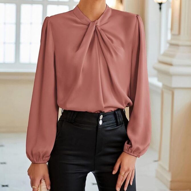 Women's Satin Twisted Mock Neck Office Blouse