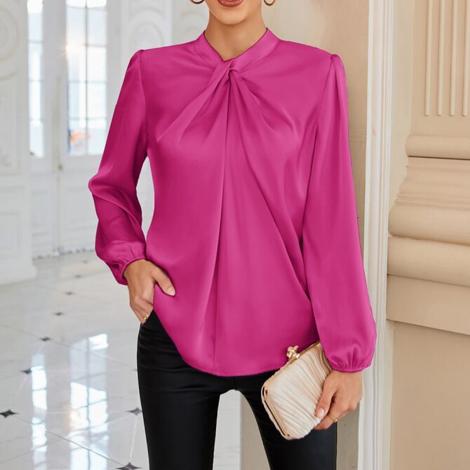 Women's Satin Twisted Mock Neck Office Blouse