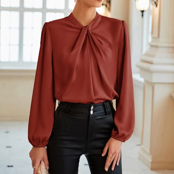 Women's Satin Twisted Mock Neck Office Blouse