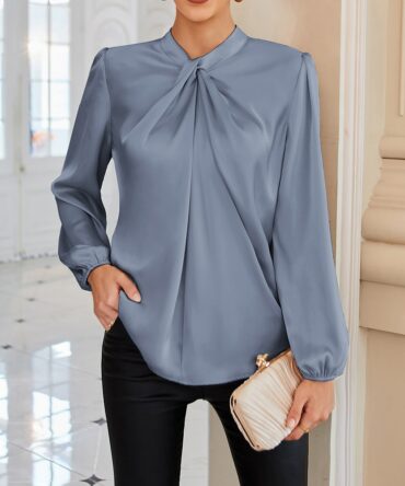 Women's Satin Twisted Mock Neck Office Blouse