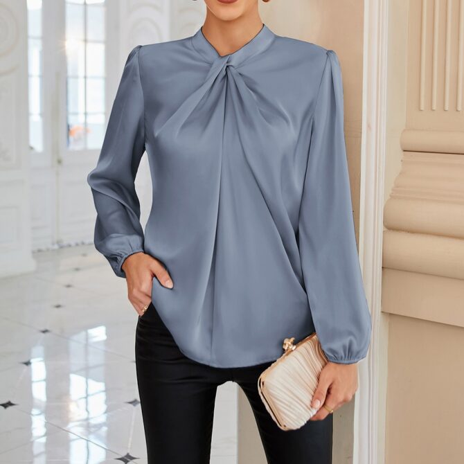 Women's Satin Twisted Mock Neck Office Blouse