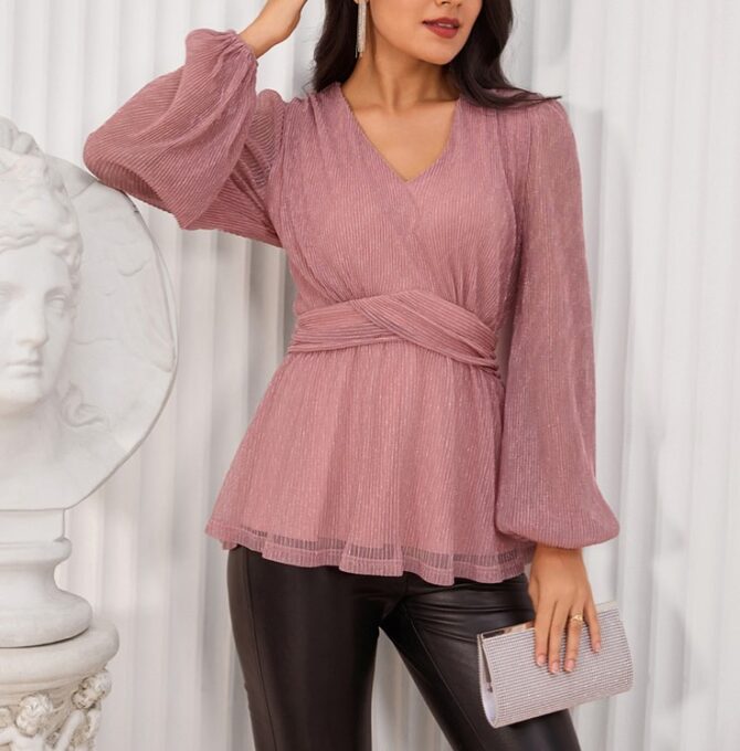 V-Neck Lantern Sleeved Peplum Tops