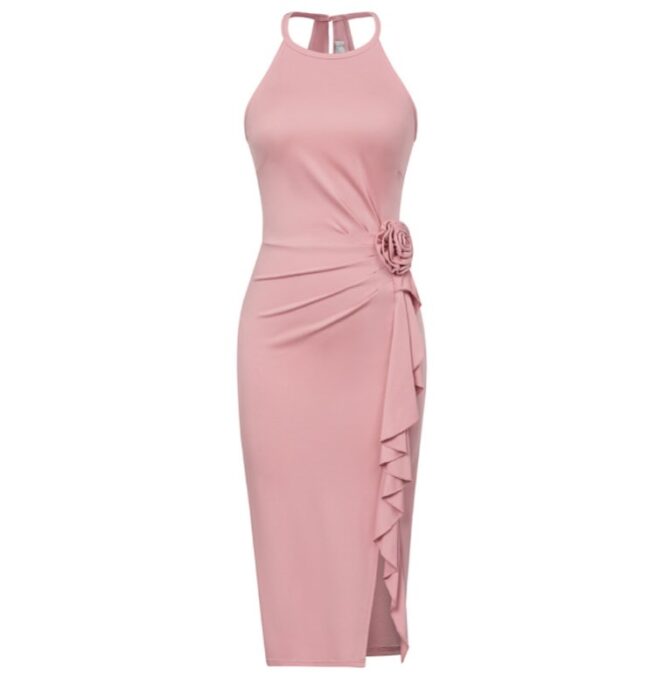 Blush Rose Detailed Halter Wedding Guest/Bridesmaid Dress