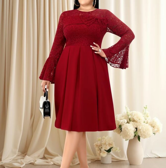 A-Line Elegant Wine Vintage Laced Flare Sleeved Church Dress