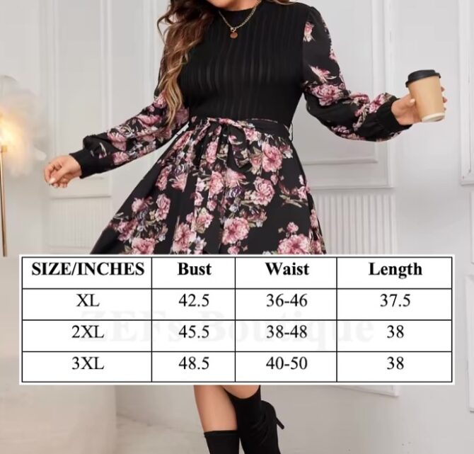 Plus Sized Floral Printed Rib-Knitted Vintage Belted Dress