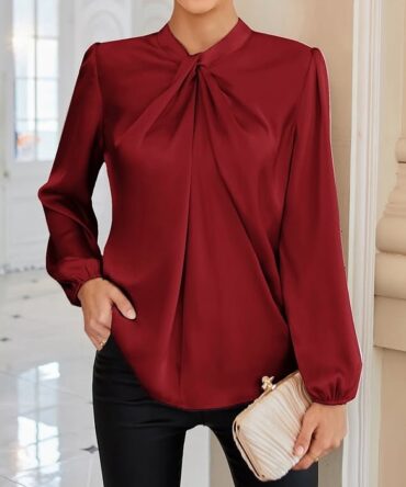 Women's Satin Twisted Mock Neck Office Blouse