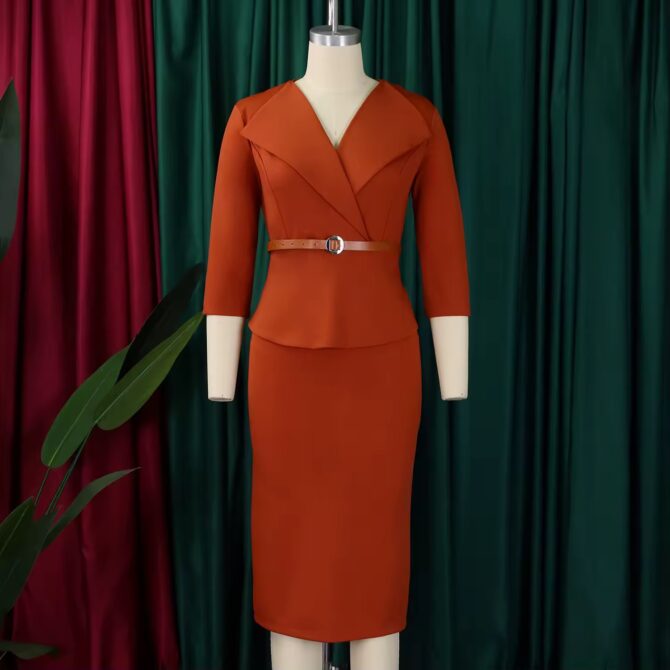 3/4 Sleeved Belted Office Dress