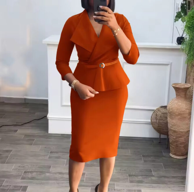3/4 Sleeved Belted Office Dress