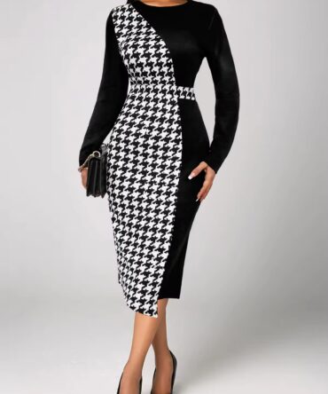 Houndstooth Printed Long Sleeved Office Dress
