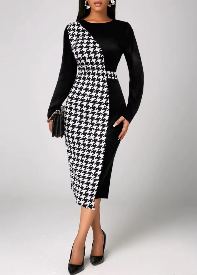Houndstooth Printed Long Sleeved Office Dress