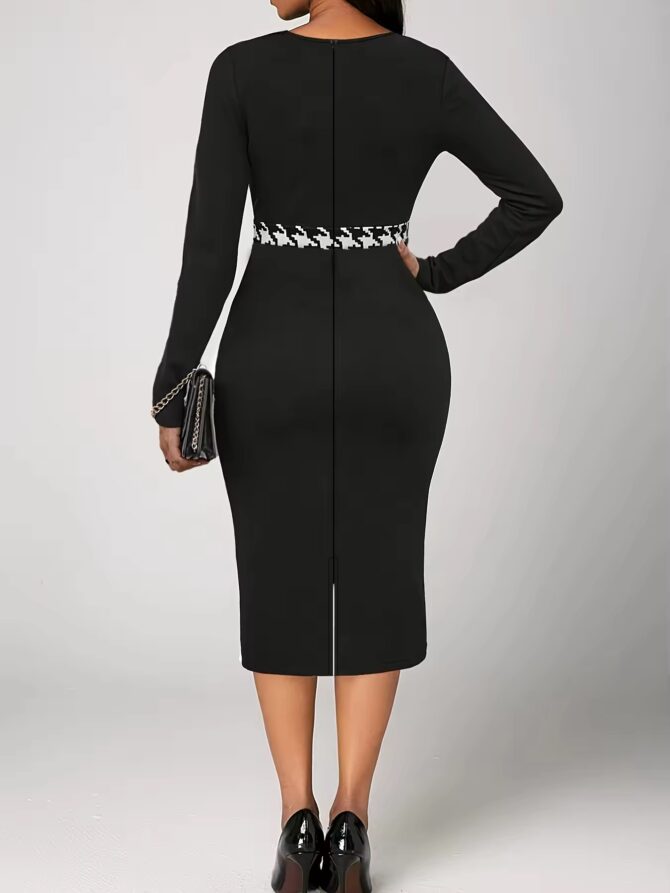 Houndstooth Printed Long Sleeved Office Dress