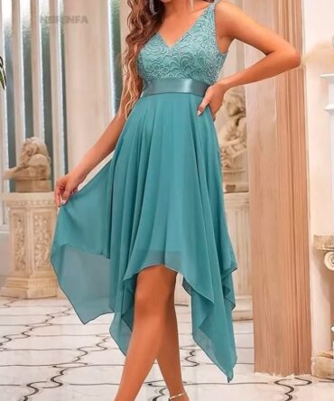 Turquoise Laced Sleeveless Cocktail Dress