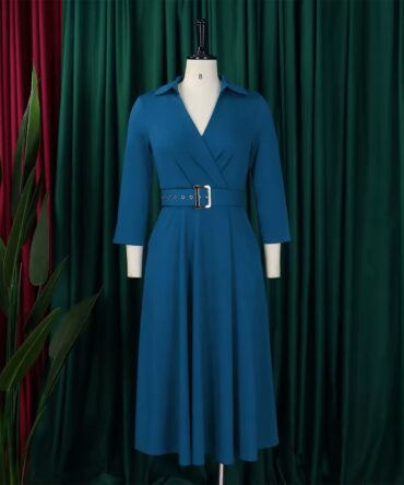 3/4 Sleeved A-Line Belted Office Dress With Pockets