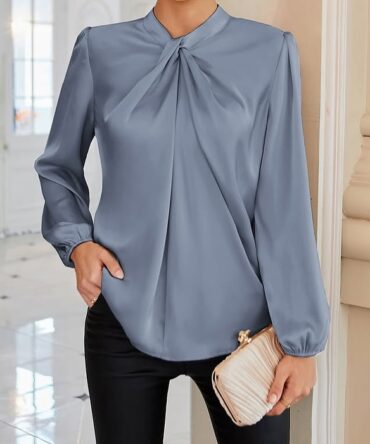 Women's Satin Twisted Mock Neck Office Blouse