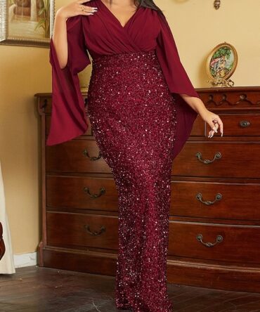 Elegant Chiffon Sequinned V-Neck Burgundy Evening Dress