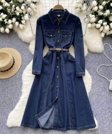 Elegant A-Line Denim Belted Midi Dress