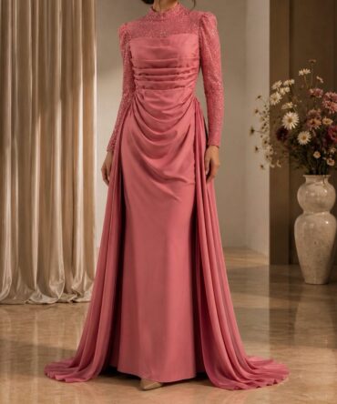 Satin Evening Gowns with detachable Trail